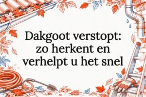 Titelkaart met dakgoot, bladeren en gereedschap