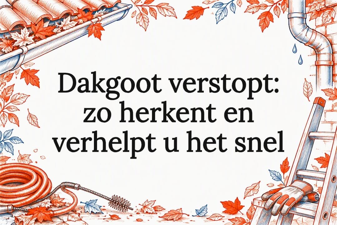 Titelkaart met dakgoot, bladeren en gereedschap
