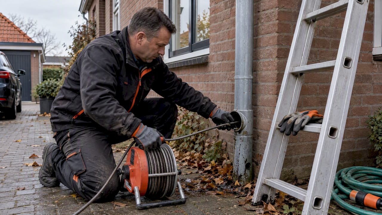 Huiseigenaar maakt dakgoot schoon met tuinslang