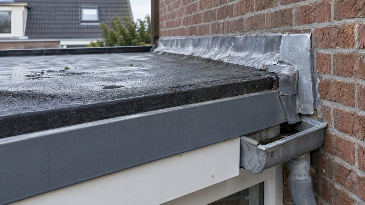 Speciaal afgewerkte dakrand naast gevel en dakgoot