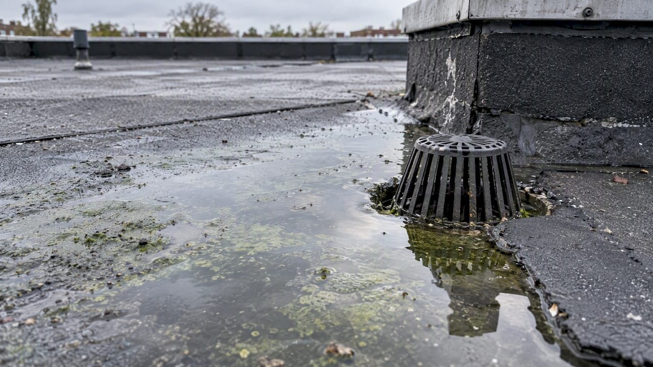 Stilstaand water met algen bij de dakgoot