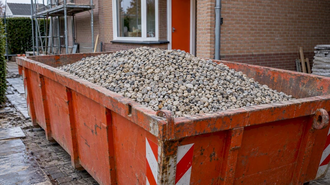 Schoon dakgrind apart ingezameld in een afvalcontainer