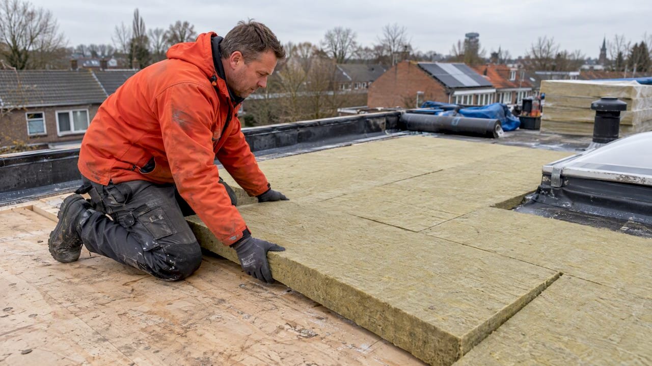 Een dakdekker legt drukvaste steenwolplaten op een plat dak
