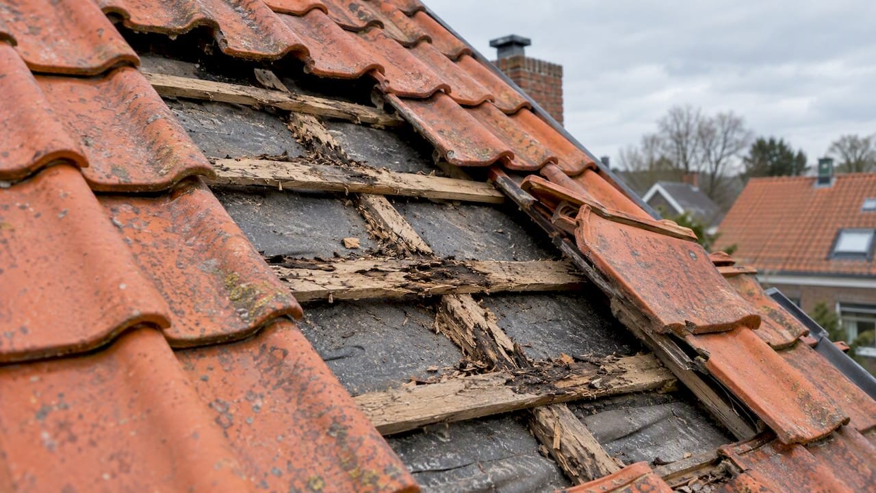 Verrotte panlatten zichtbaar onder de dakpannen
